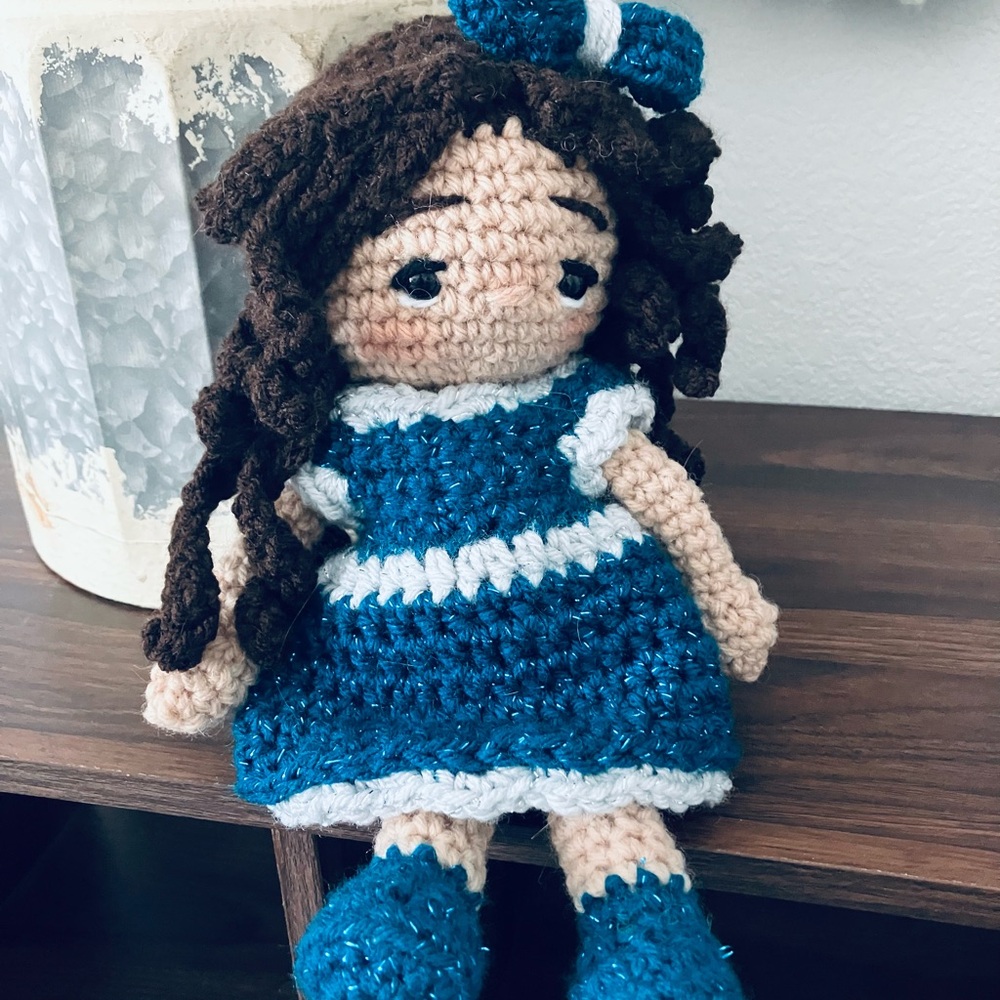 Crocheted Sitting Doll with Pretty Sparkly Blue Dress and Bow, Amigurumi Toy